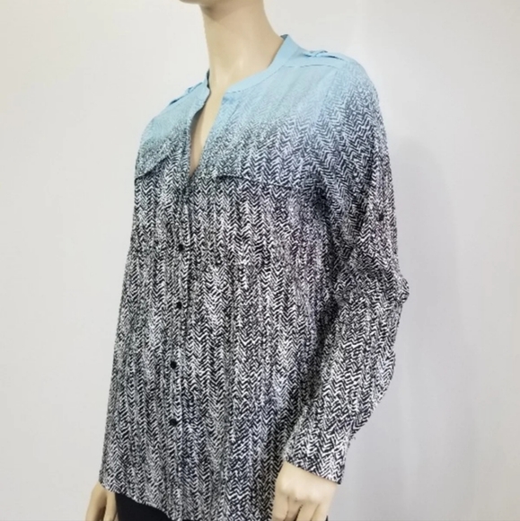EUC Calvin Klein Ombre Mixed Pattern Utility Button Front Blouse - Picture 4 of 12